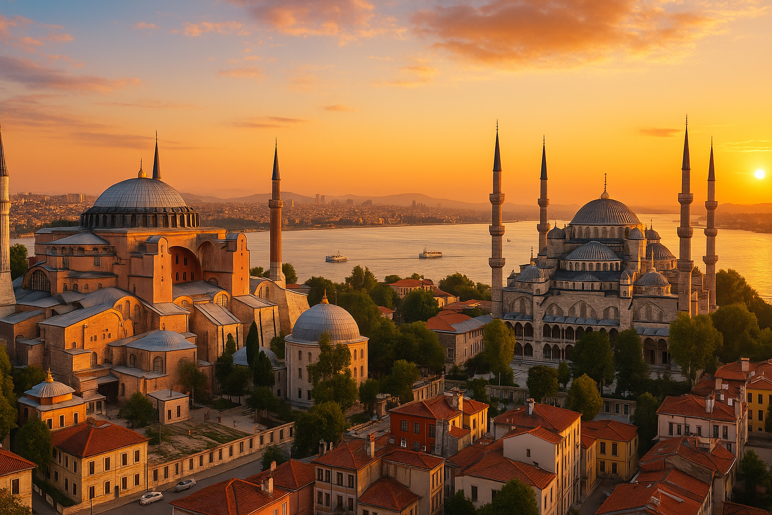 Beautiful panoramic view of Istanbul, Turkey featuring the iconic Hagia Sophia and Blue Mosque with their distinctive domes and minarets, the Bosphorus strait with boats, historic architecture, golden hour lighting, vibrant colors, perfect for a Turkish market website homepage